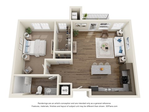 Floor plan for 1 bed, 1 bath, 848 sqft